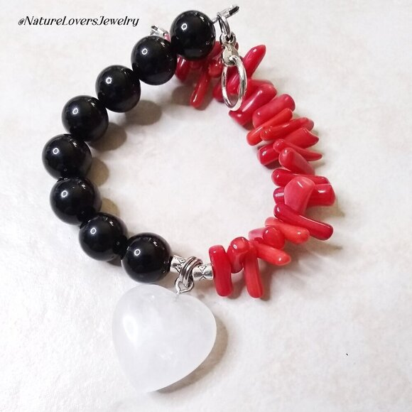 Hello Sweetheart! Massive & Heavy! Black Jasper + Coral + Quartz Heart Bracelet - Picture 1 of 10